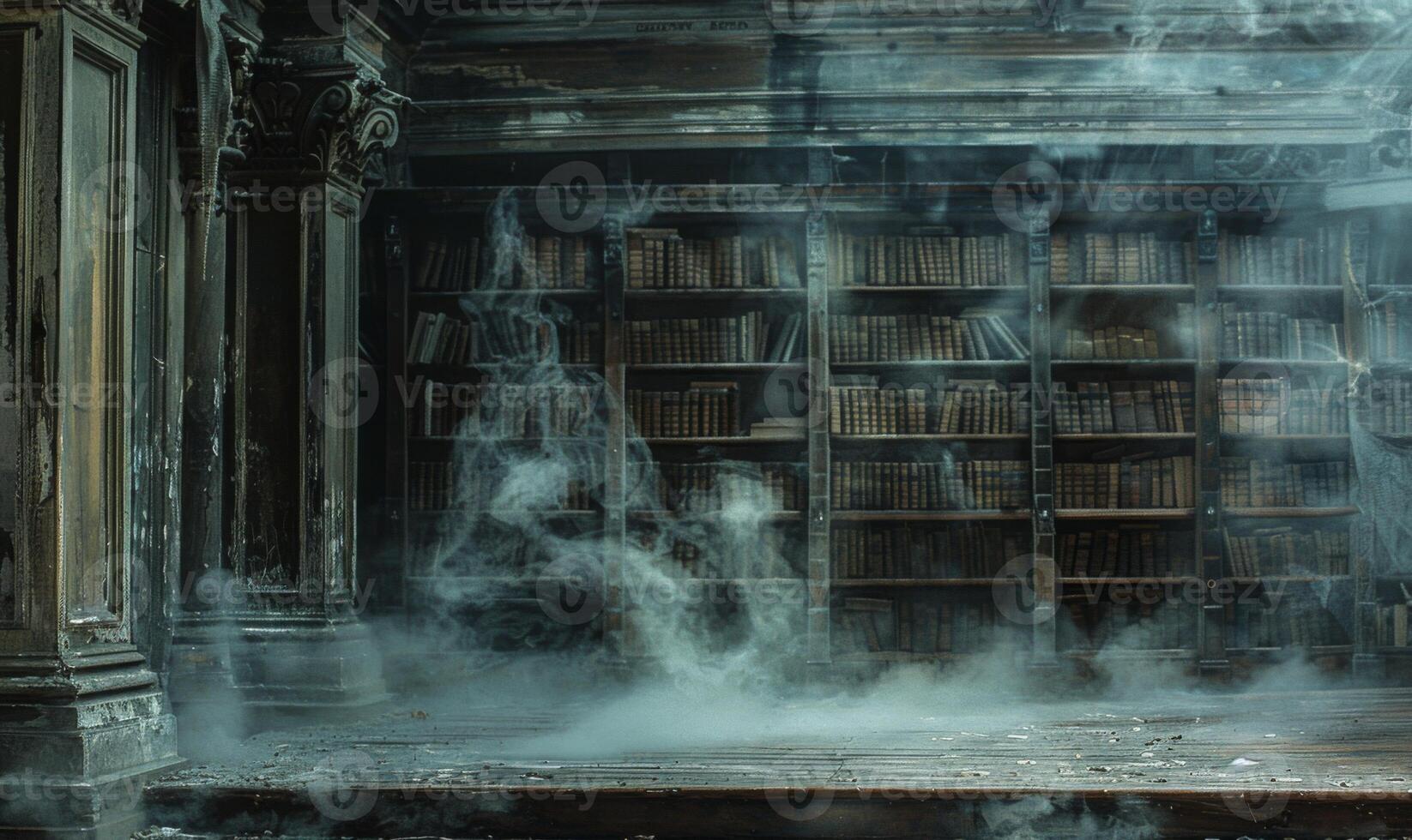 A haunted library with dusty old books and ghostly apparitions, with empty space on the left for text photo