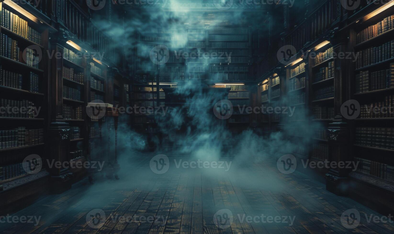 A haunted library with dusty old books and ghostly apparitions, with empty space on the left for text photo