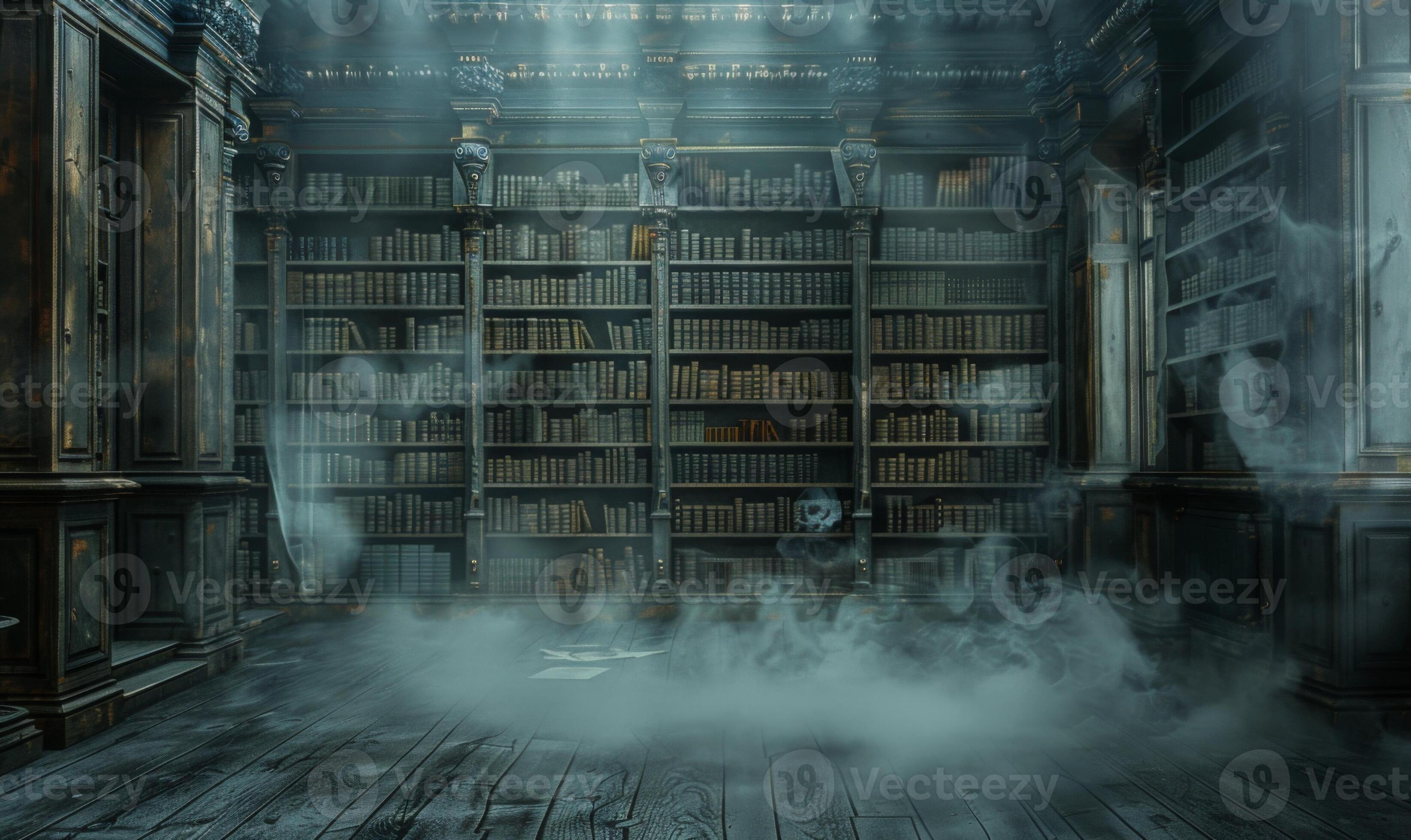 A haunted library with dusty old books and ghostly apparitions, with
