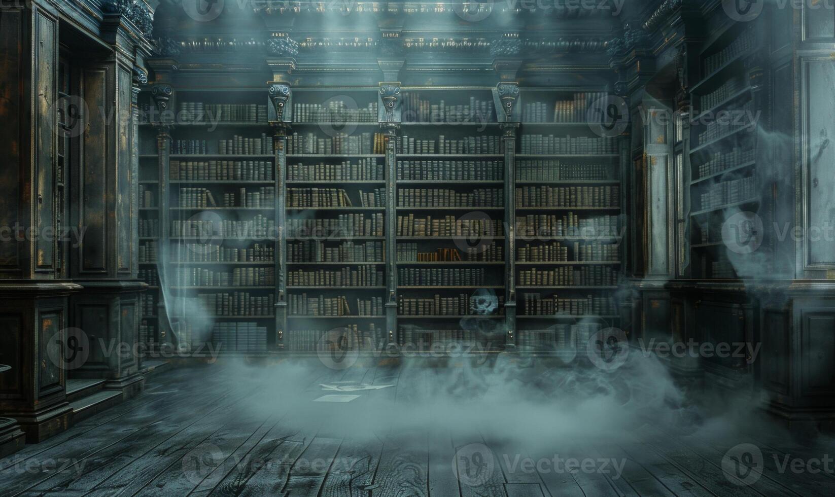 A haunted library with dusty old books and ghostly apparitions, with empty space on the left for text photo