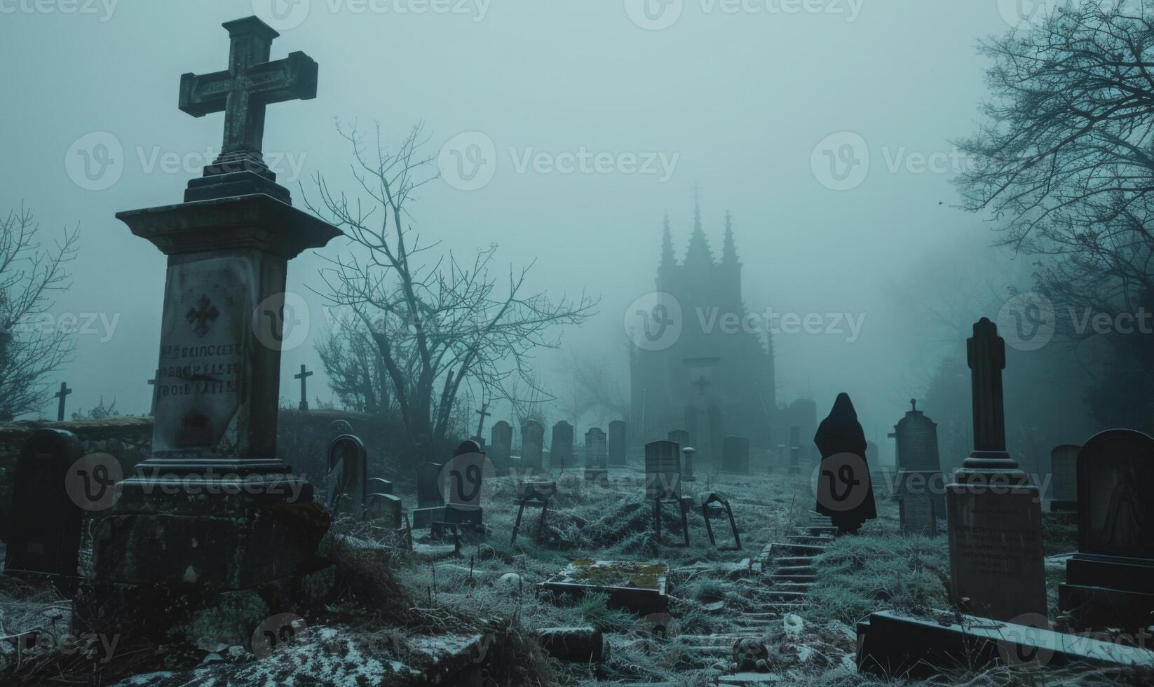 A misty graveyard with eerie tombstones and a ghostly figure in the distance, with open space in the center for a message photo