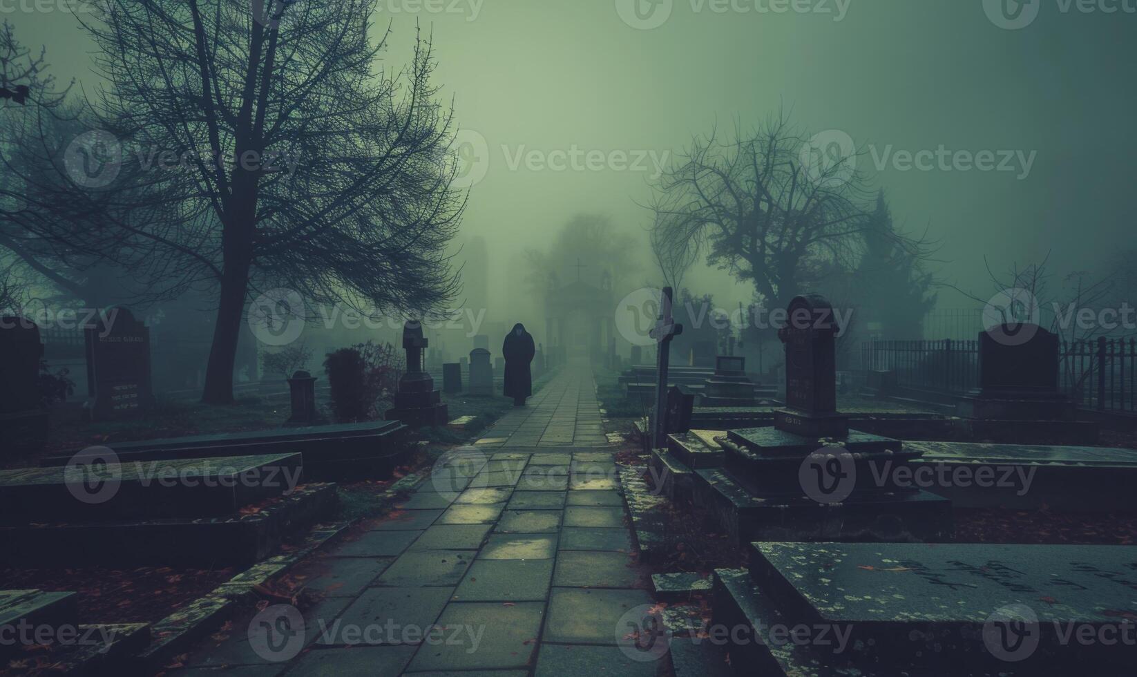 A misty graveyard with eerie tombstones and a ghostly figure in the distance, with open space in the center for a message photo
