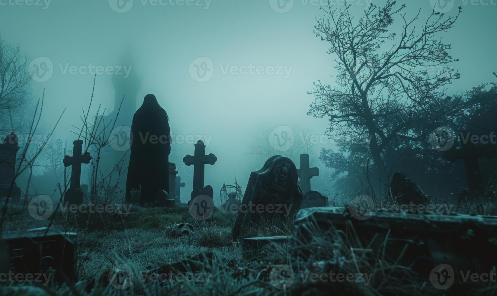 A misty graveyard with eerie tombstones and a ghostly figure in the distance, with open space in the center for a message photo