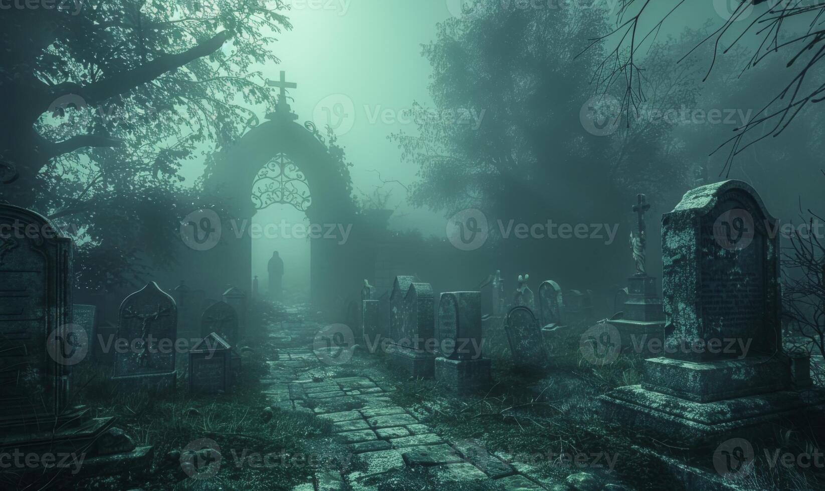A misty graveyard with eerie tombstones and a ghostly figure in the distance, with open space in the center for a message photo
