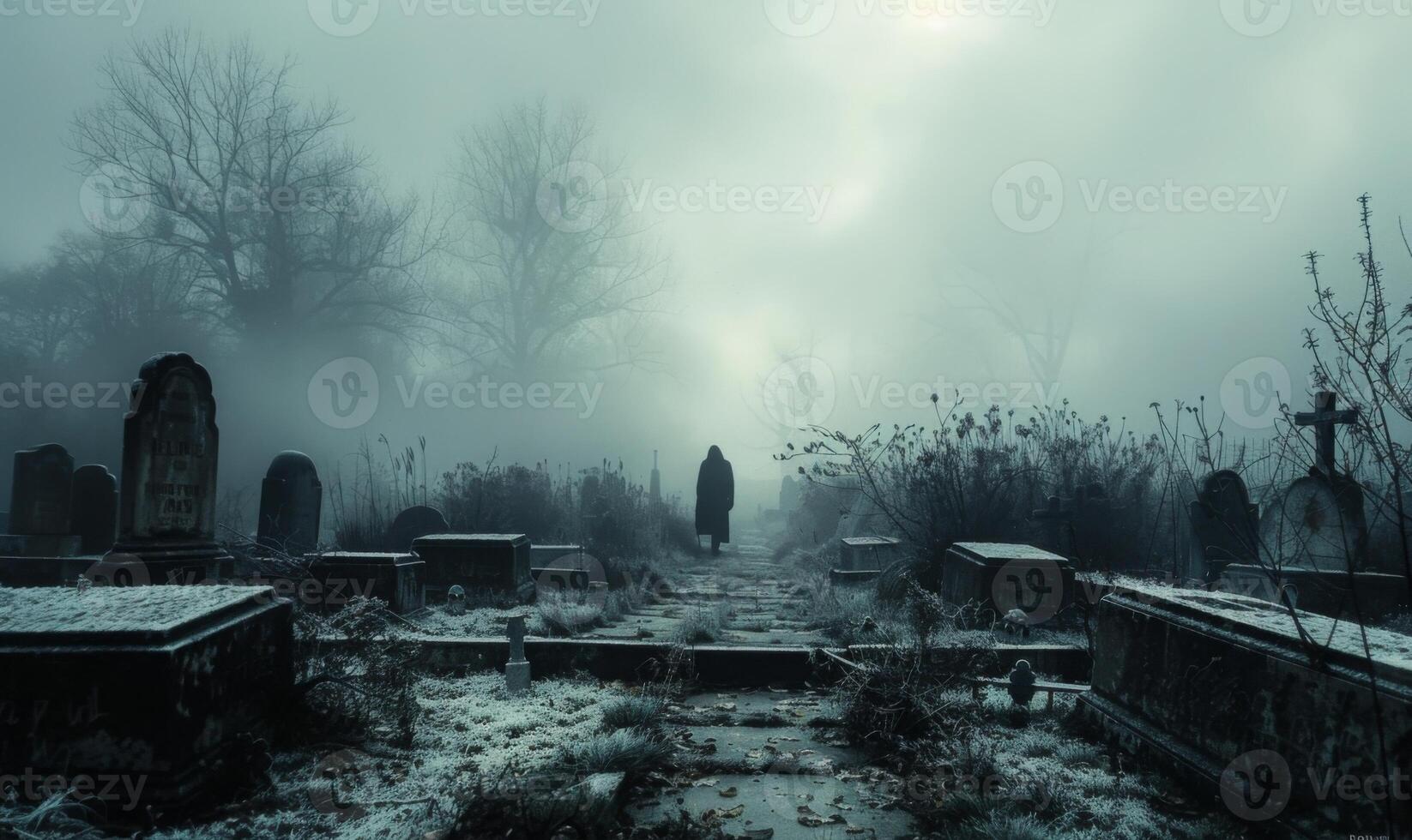 A misty graveyard with eerie tombstones and a ghostly figure in the distance, with open space in the center for a message photo