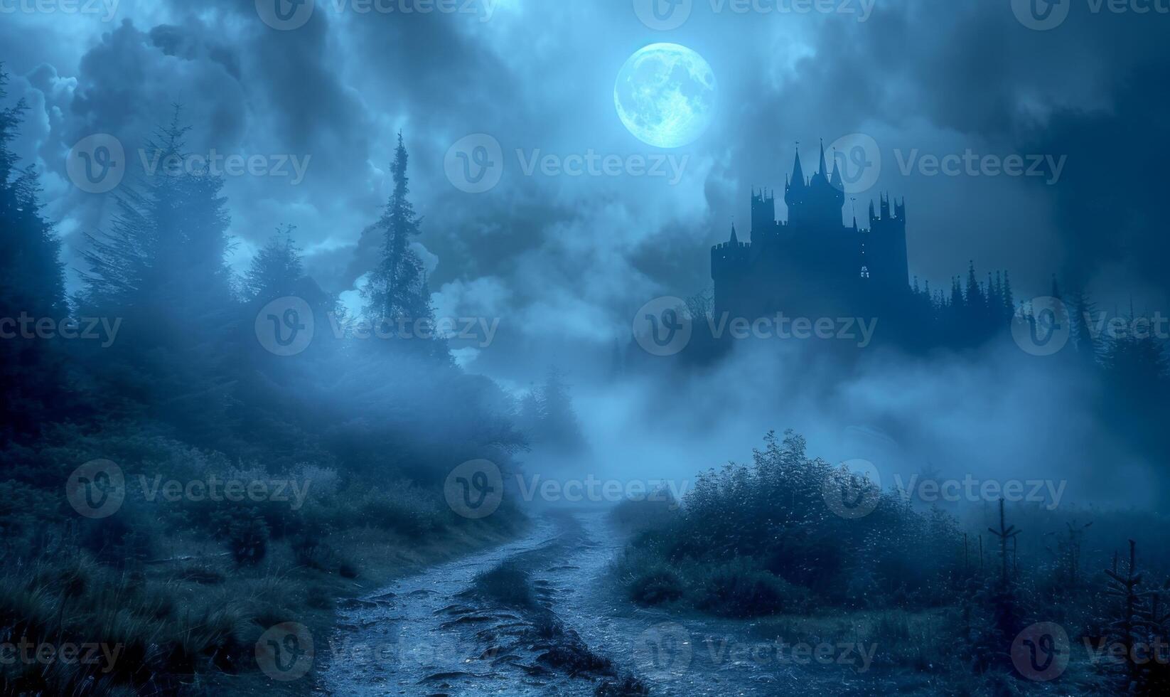 A moonlit path leading to a spooky castle with fog swirling around, leaving space in the center for copy photo