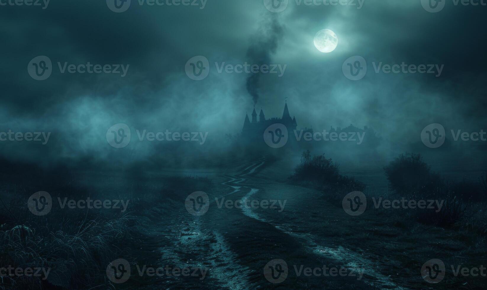 A moonlit path leading to a spooky castle with fog swirling around, leaving space in the center for copy photo