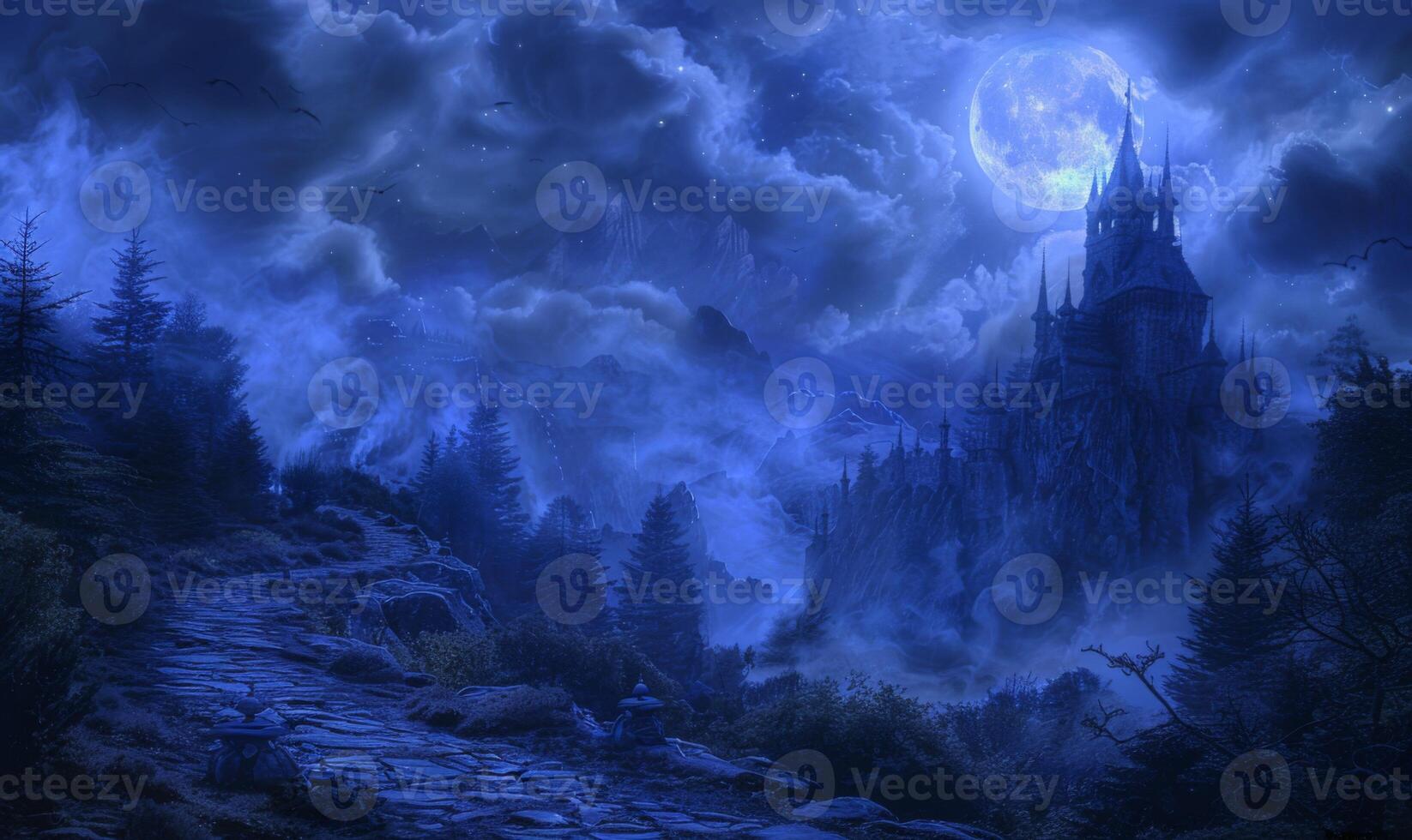 A moonlit path leading to a spooky castle with fog swirling around, leaving space in the center for copy photo