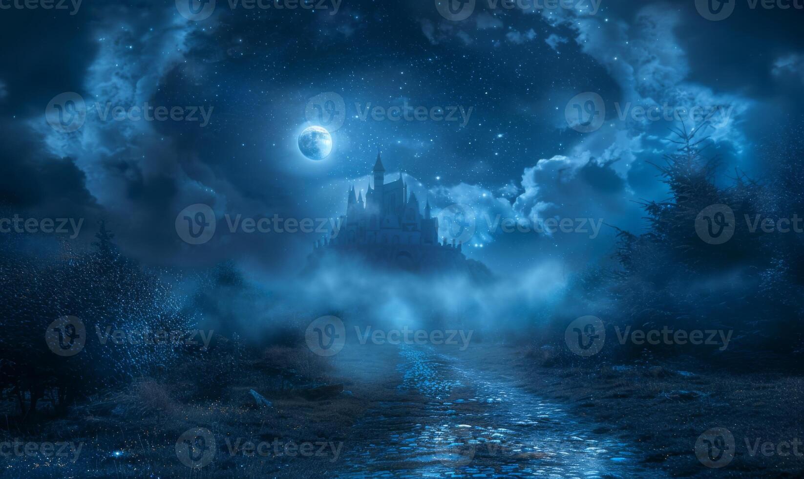 A moonlit path leading to a spooky castle with fog swirling around, leaving space in the center for copy photo