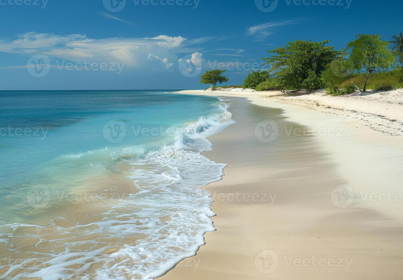 A picturesque view of a deserted beach with soft white sand and gentle waves lapping at the shore photo