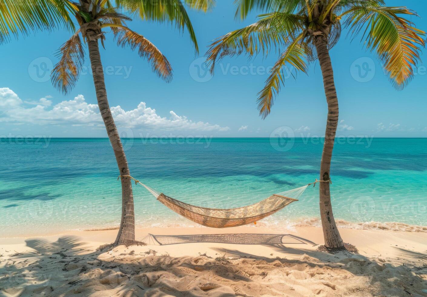 A pristine sandy beach with crystal-clear turquoise waters and a hammock between two palm trees photo
