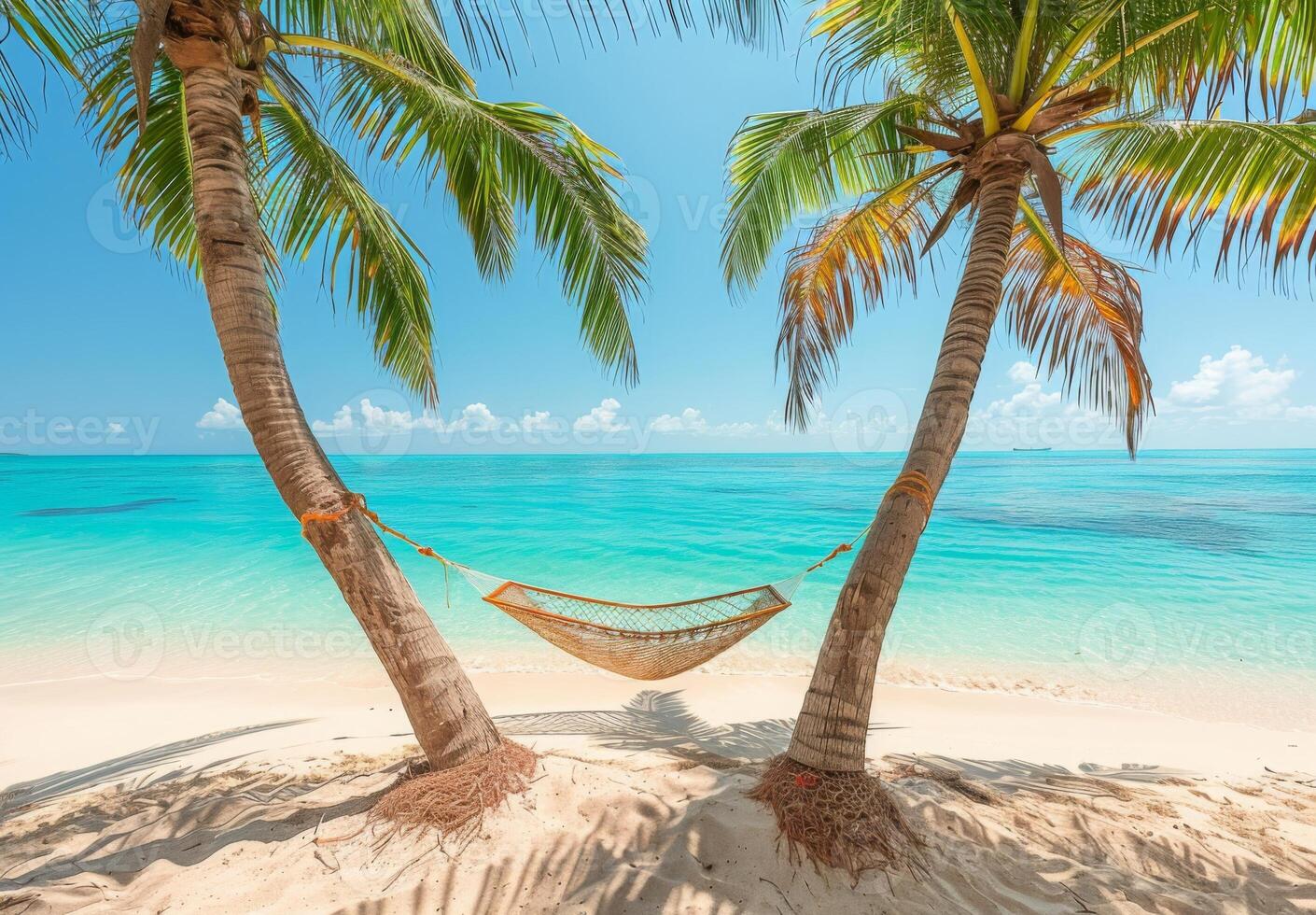 A pristine sandy beach with crystal-clear turquoise waters and a hammock between two palm trees photo