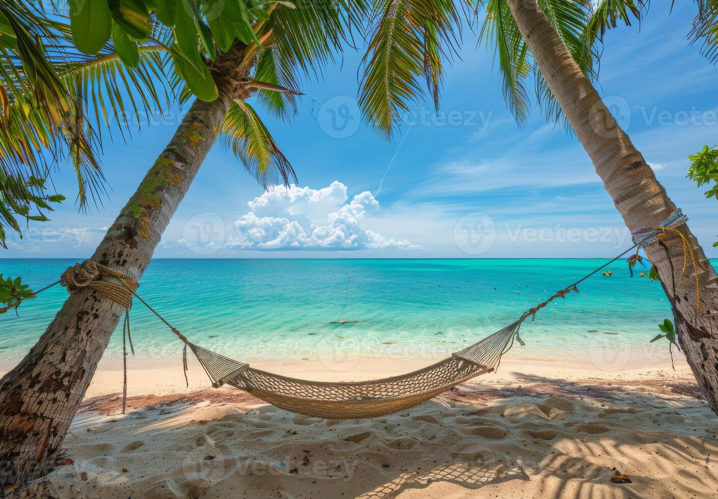 A pristine sandy beach with crystal-clear turquoise waters and a hammock between two palm trees photo