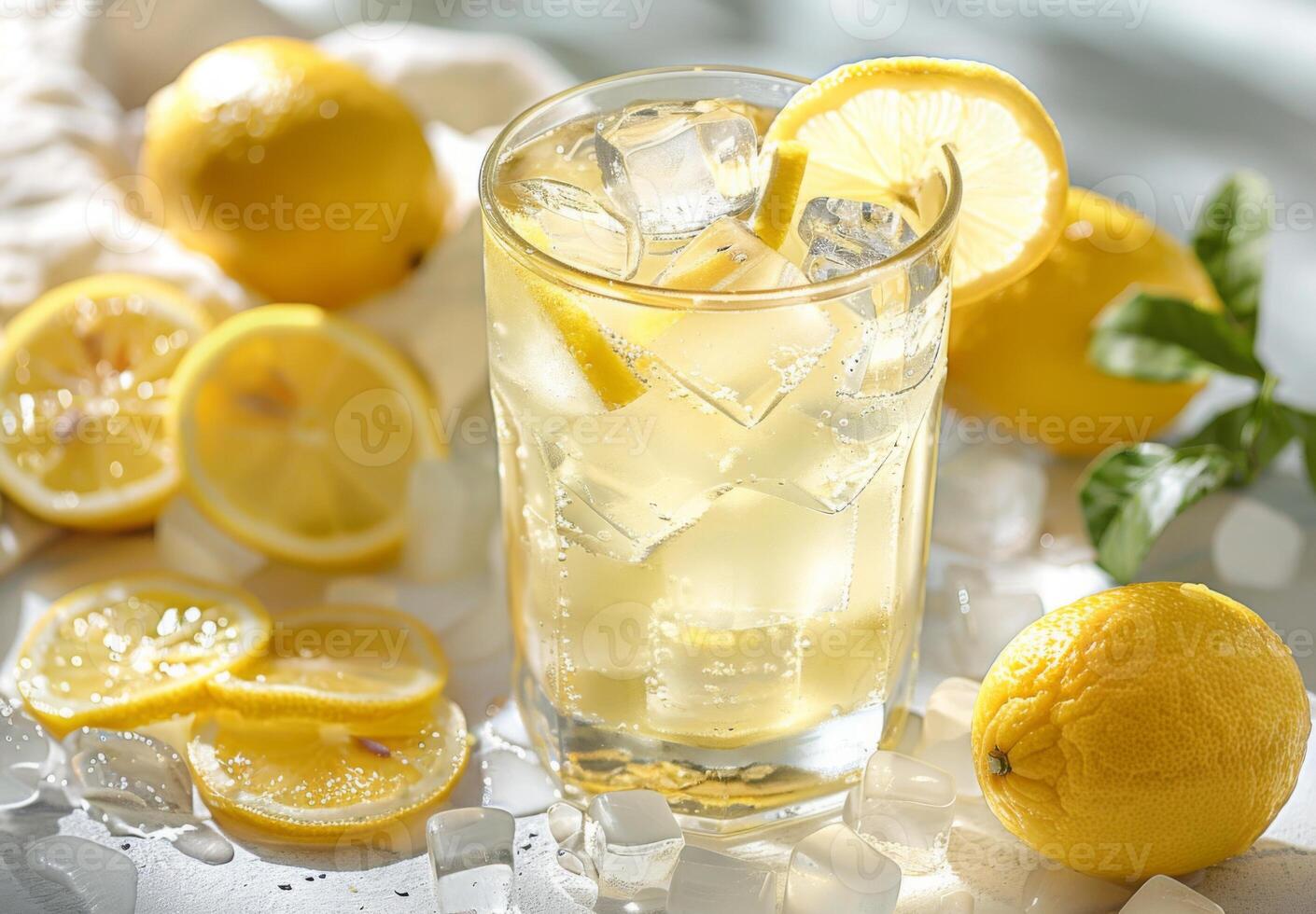 A refreshing glass of lemonade with ice cubes and lemon slices photo