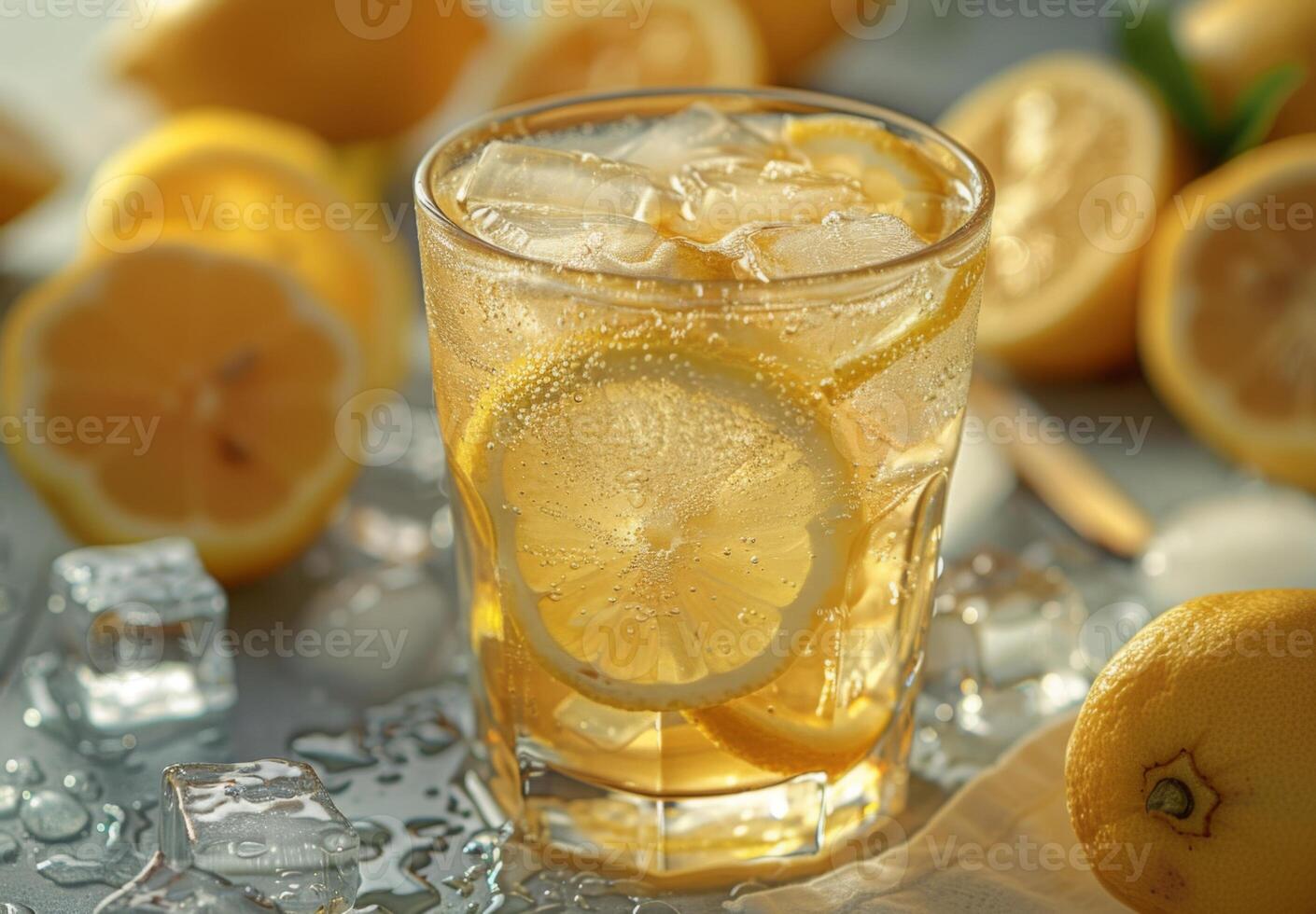 A refreshing glass of lemonade with ice cubes and lemon slices photo