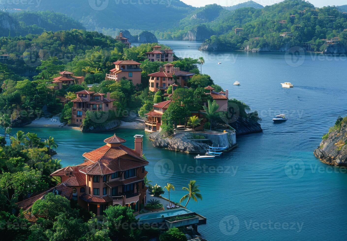A scenic view of several islands with elegant villas and lush tropical gardens photo
