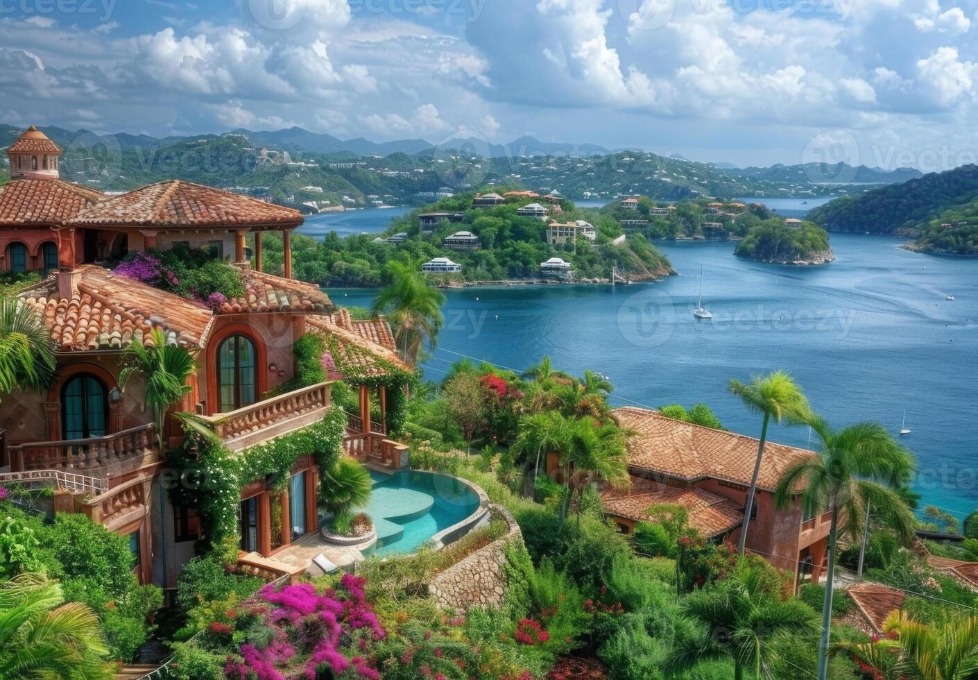 A scenic view of several islands with elegant villas and lush tropical gardens photo