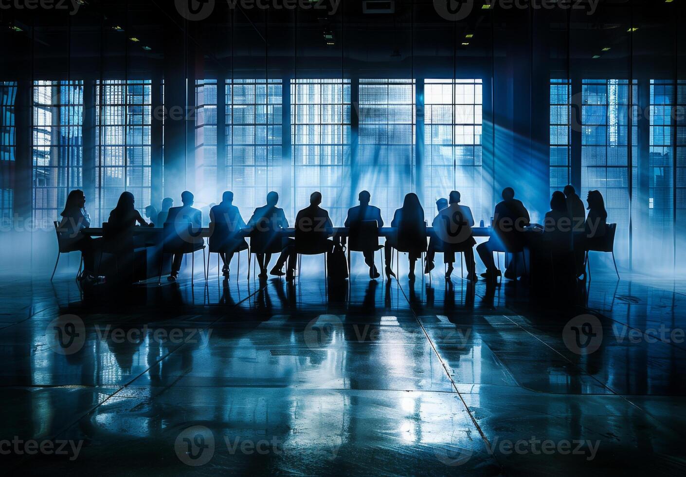 A shadowy conference room setup with indistinct shapes of people around a table photo