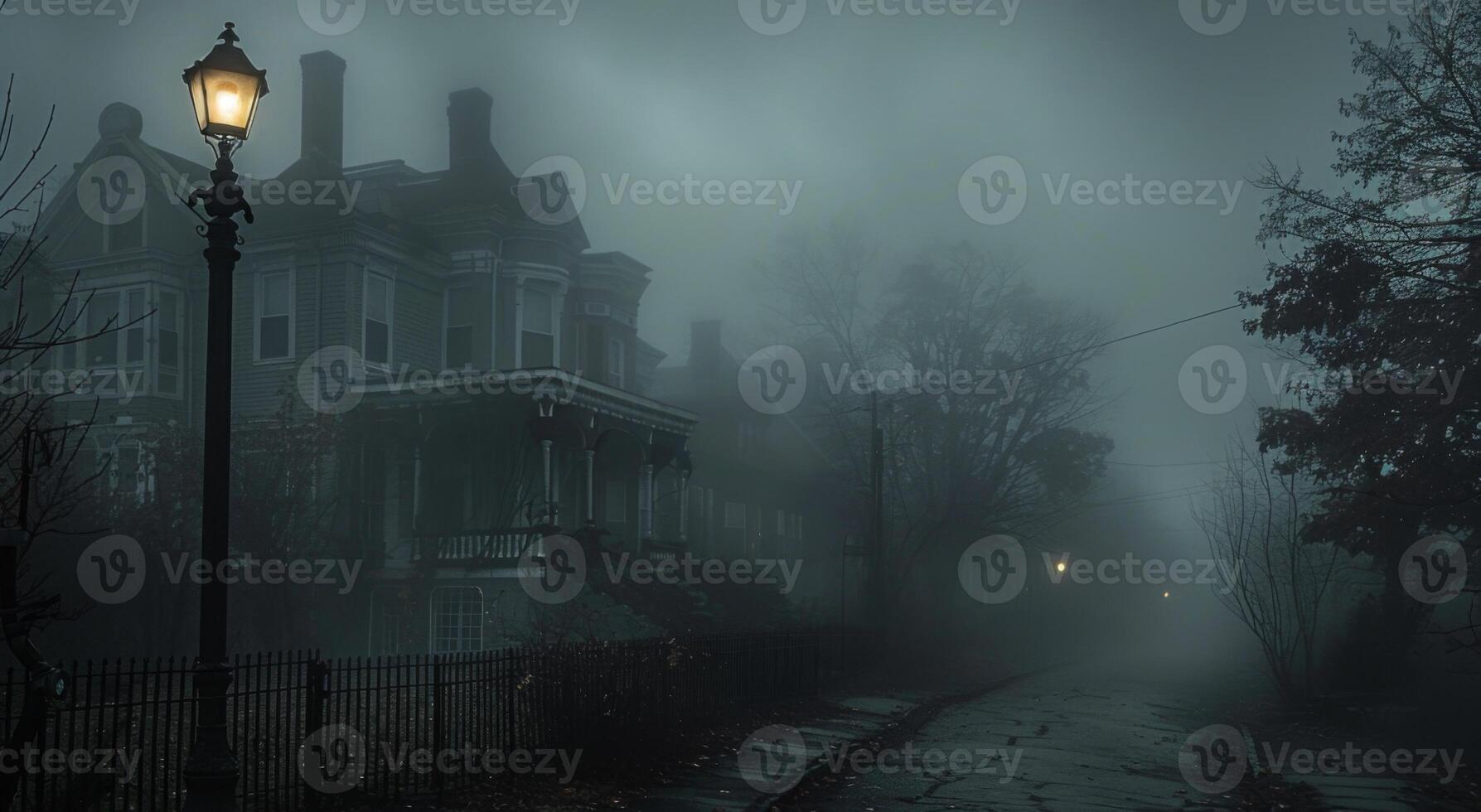 A sinister foggy street with old Victorian houses and a lone streetlamp, with open space on the left for text photo