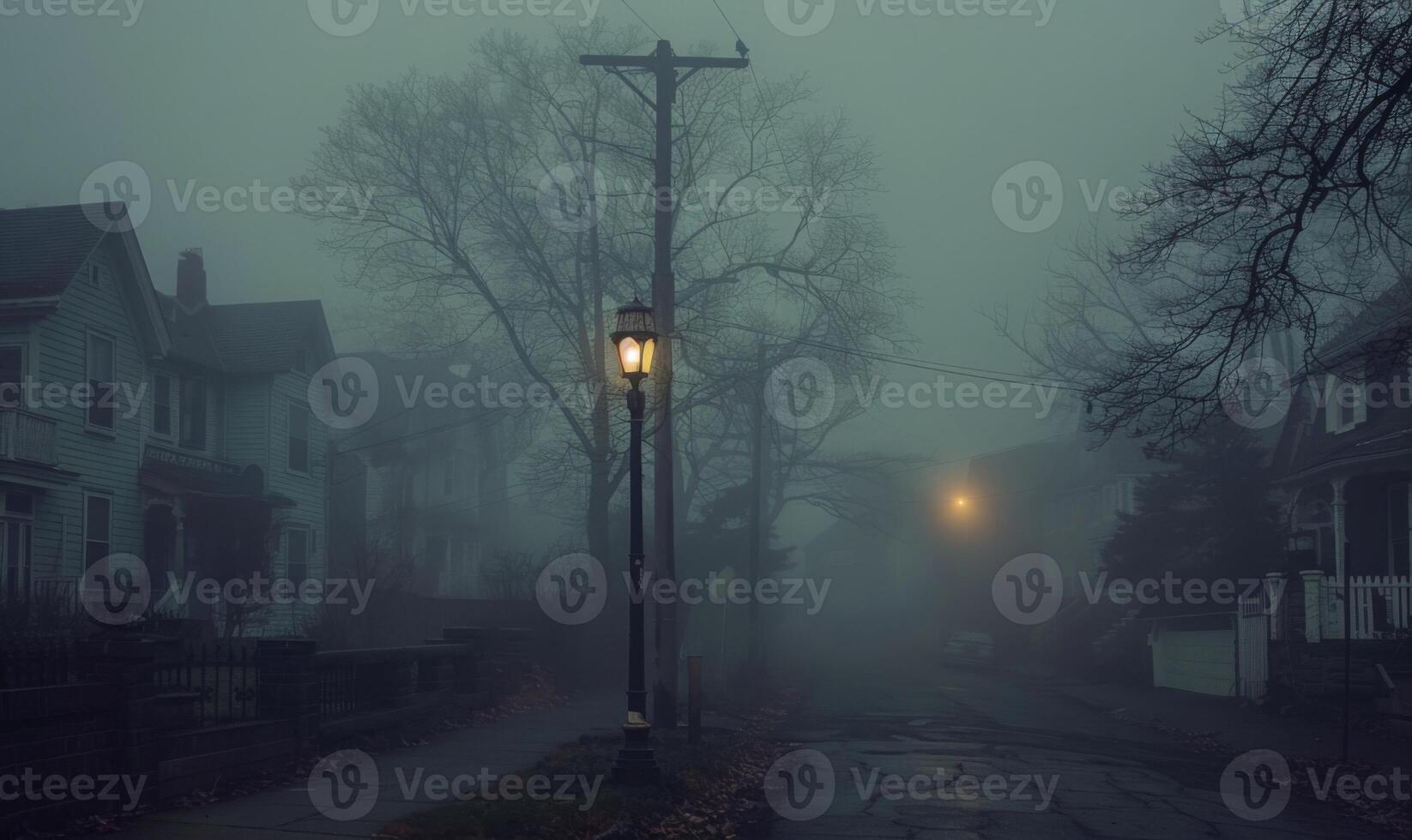 A sinister foggy street with old Victorian houses and a lone streetlamp, with open space on the left for text photo