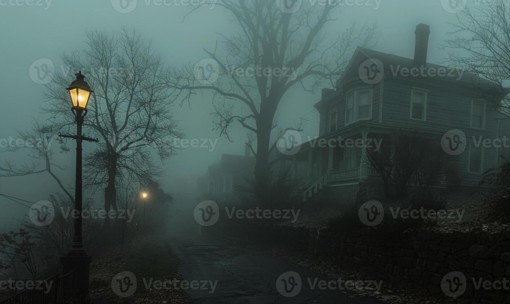 A sinister foggy street with old Victorian houses and a lone streetlamp, with open space on the left for text photo