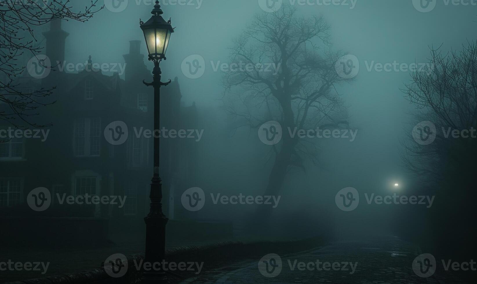 A sinister foggy street with old Victorian houses and a lone streetlamp, with open space on the left for text photo