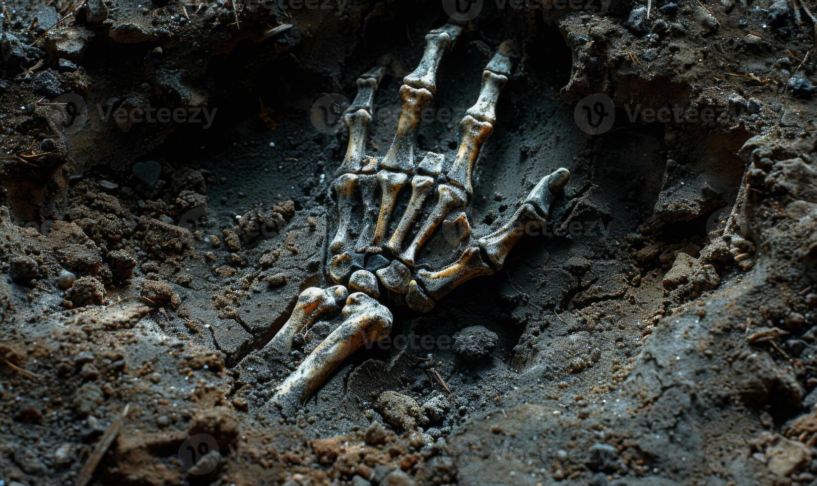 A skeleton hand emerging from the ground in a dark cemetery, with open space at the top for a message photo