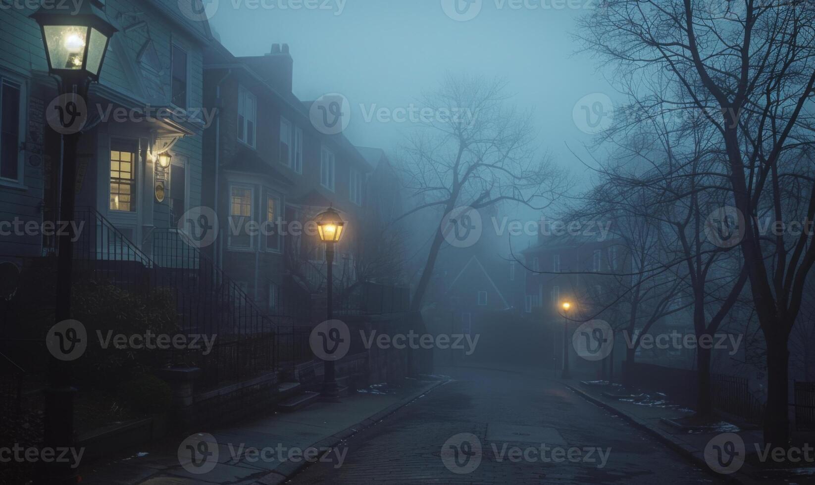 A sinister foggy street with old Victorian houses and a lone streetlamp, with open space on the left for text photo