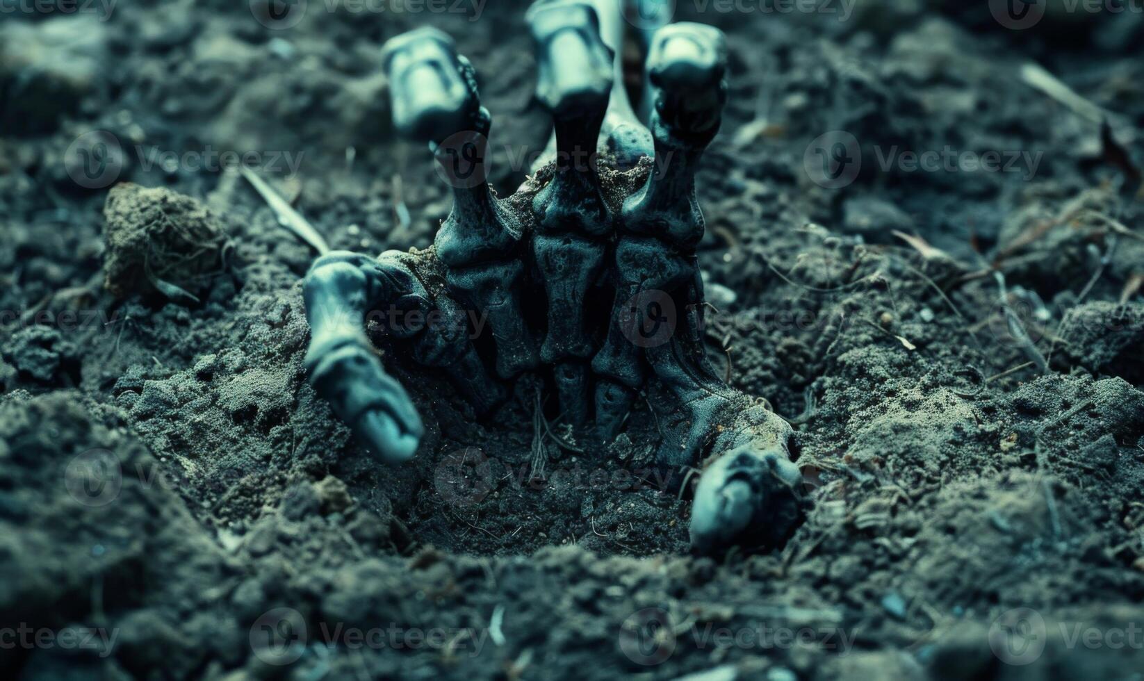 A skeleton hand emerging from the ground in a dark cemetery, with open space at the top for a message photo