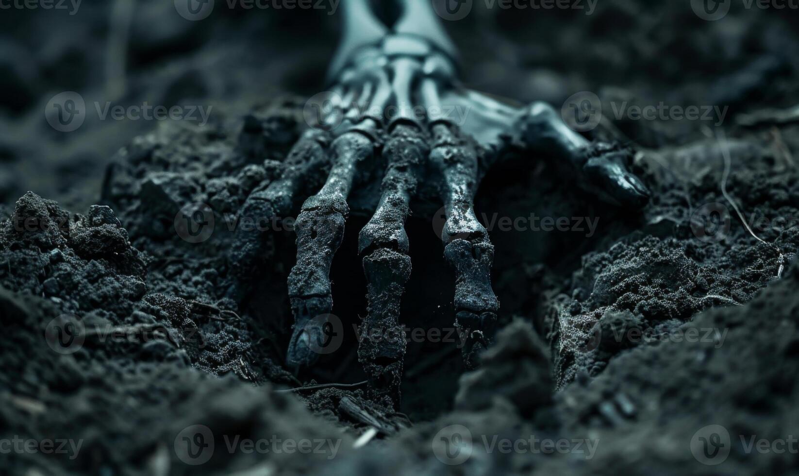 A skeleton hand emerging from the ground in a dark cemetery, with open space at the top for a message photo