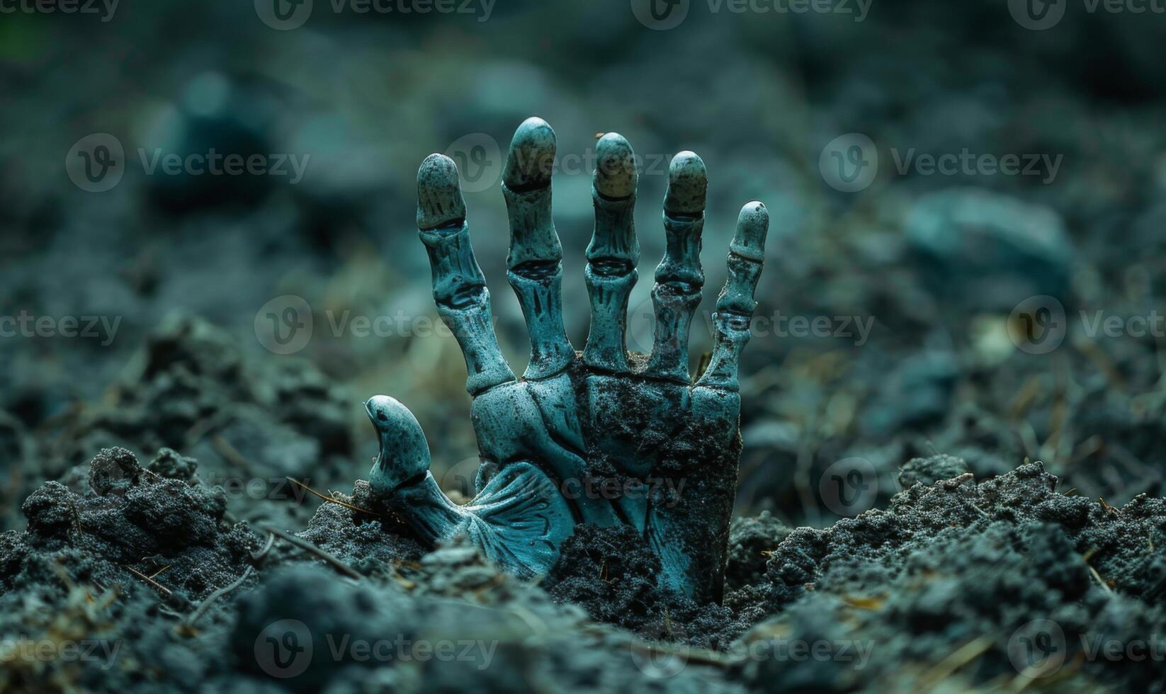 A skeleton hand emerging from the ground in a dark cemetery, with open space at the top for a message photo