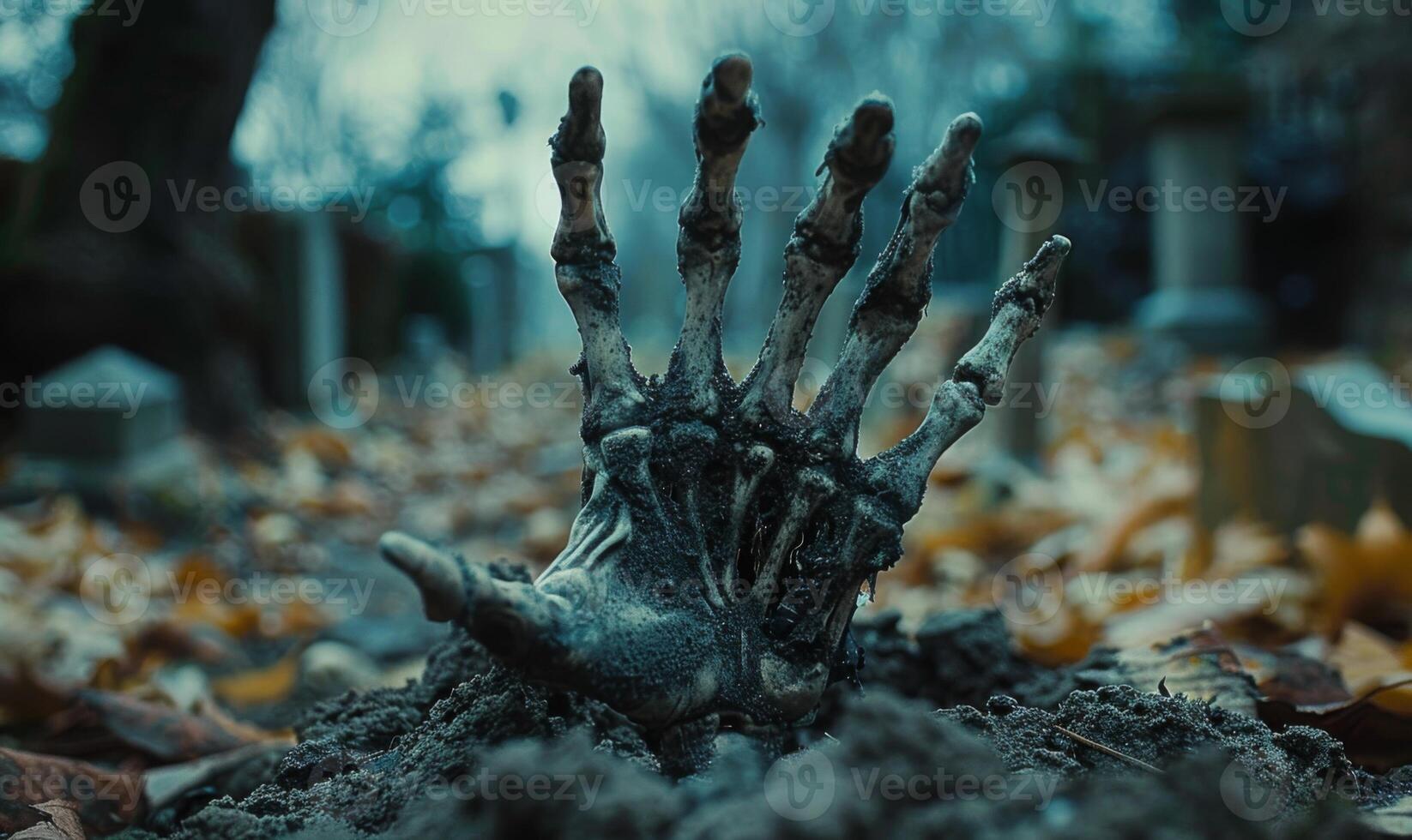 A skeleton hand emerging from the ground in a dark cemetery, with open space at the top for a message photo