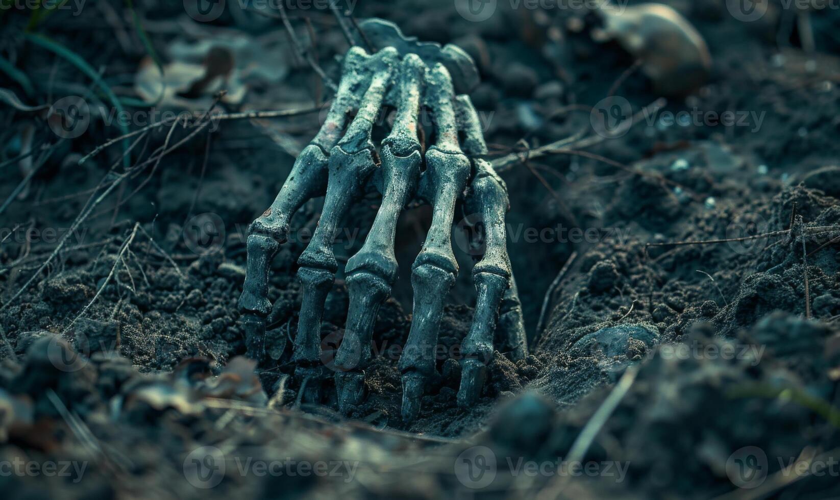 A skeleton hand emerging from the ground in a dark cemetery, with open space at the top for a message photo