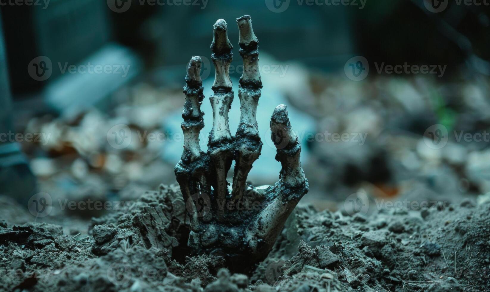 A skeleton hand emerging from the ground in a dark cemetery, with open space at the top for a message photo