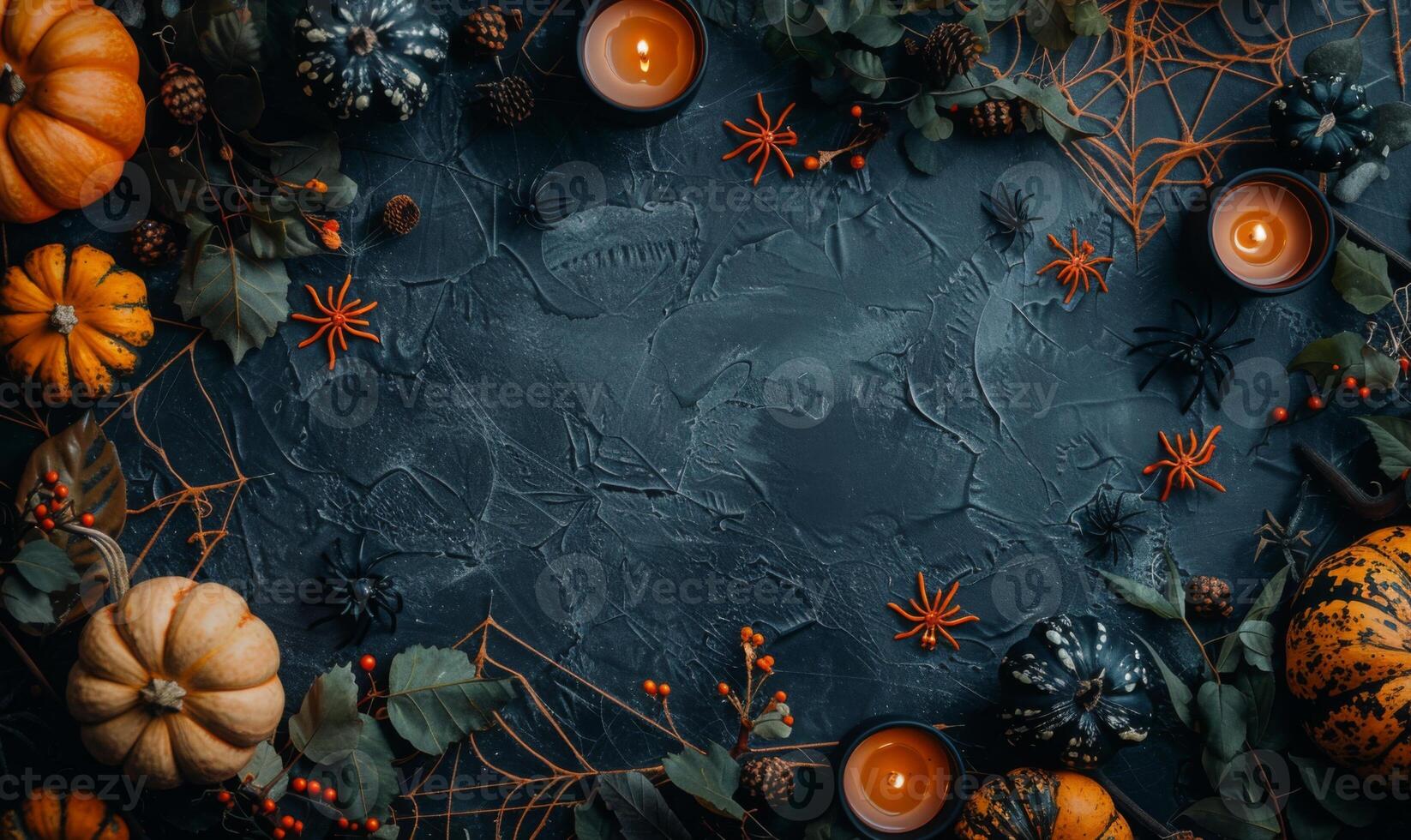 A spooky Halloween flat lay with pumpkins, spider webs, and black candles arranged around a central empty space photo