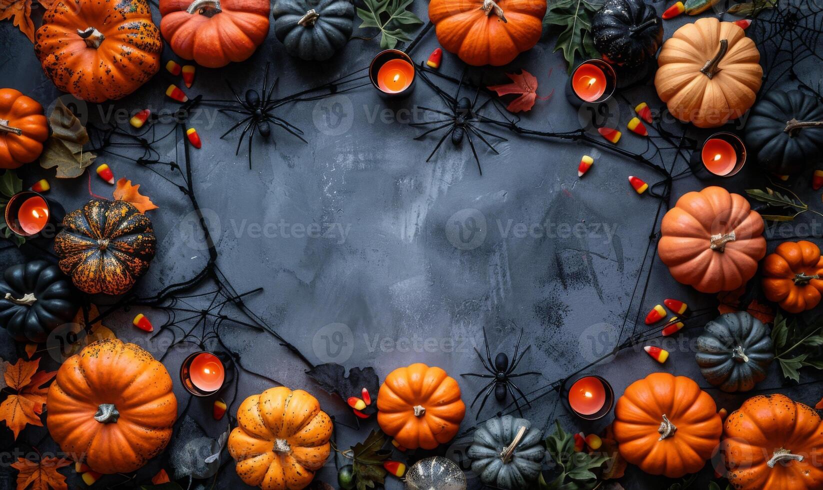 A spooky Halloween flat lay with pumpkins, spider webs, and black candles arranged around a central empty space photo