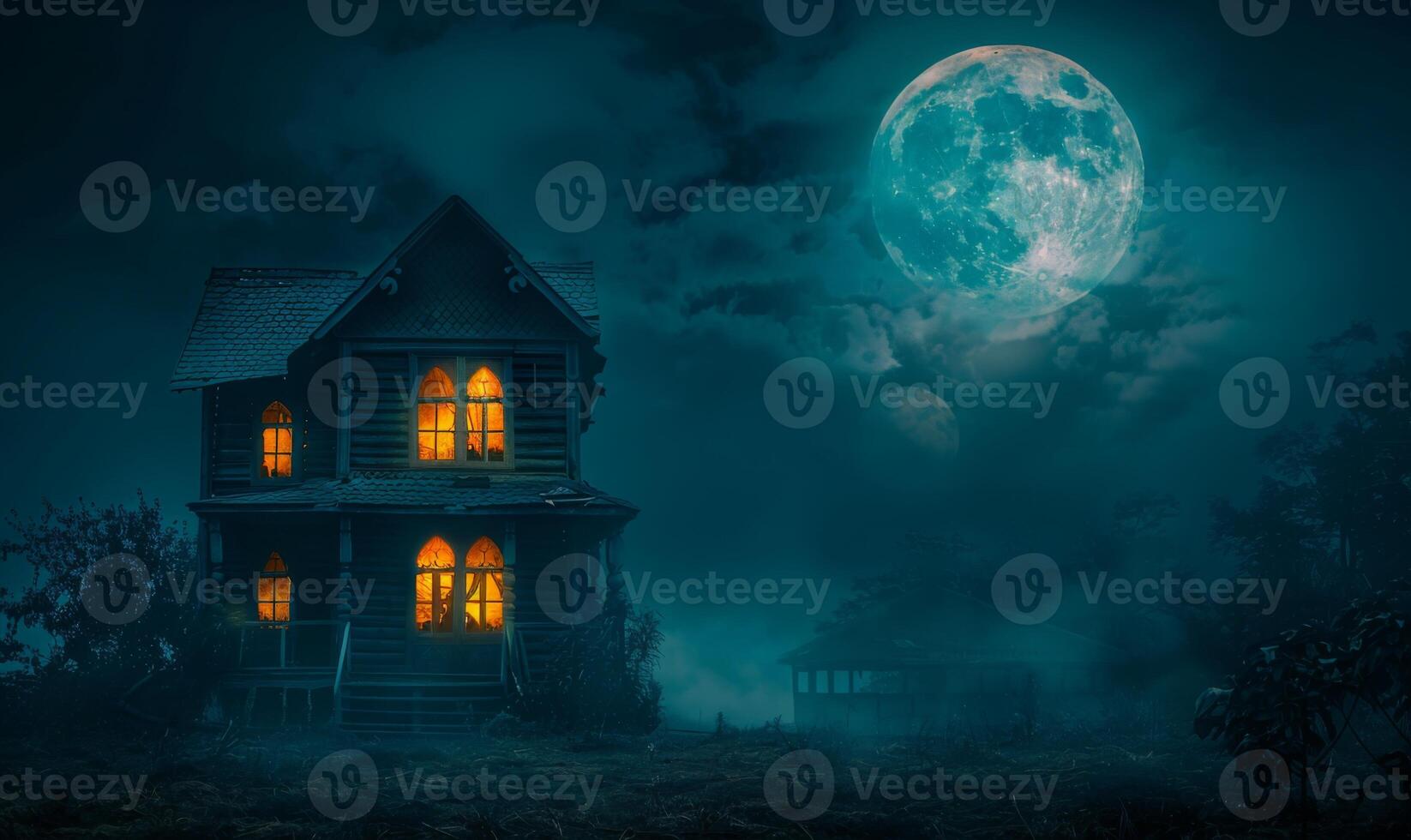 A spooky haunted house with glowing windows under a full moon, with plenty of empty space on the right for text photo