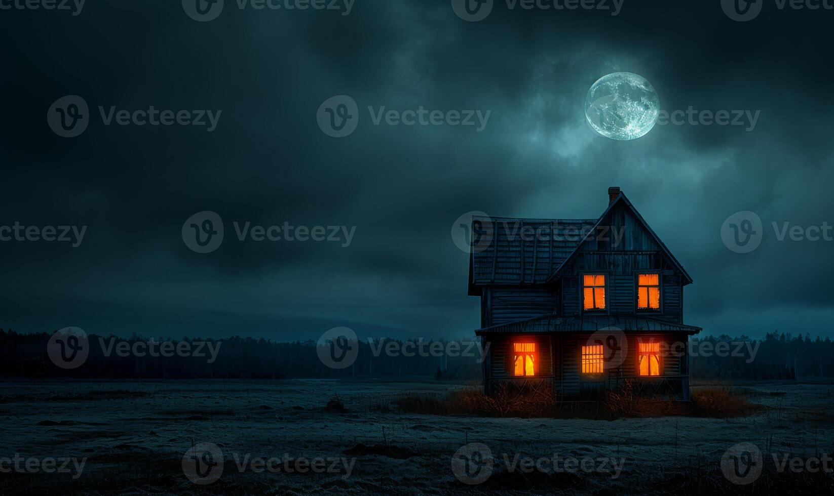A spooky haunted house with glowing windows under a full moon, with plenty of empty space on the right for text photo