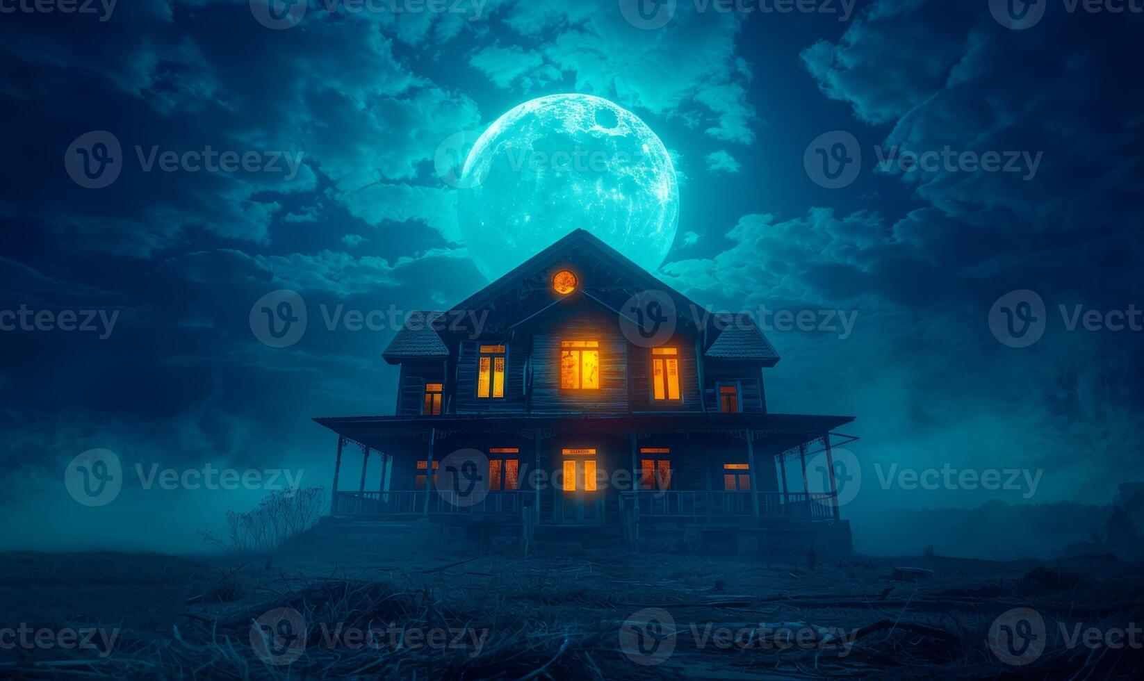 A spooky haunted house with glowing windows under a full moon, with plenty of empty space on the right for text photo