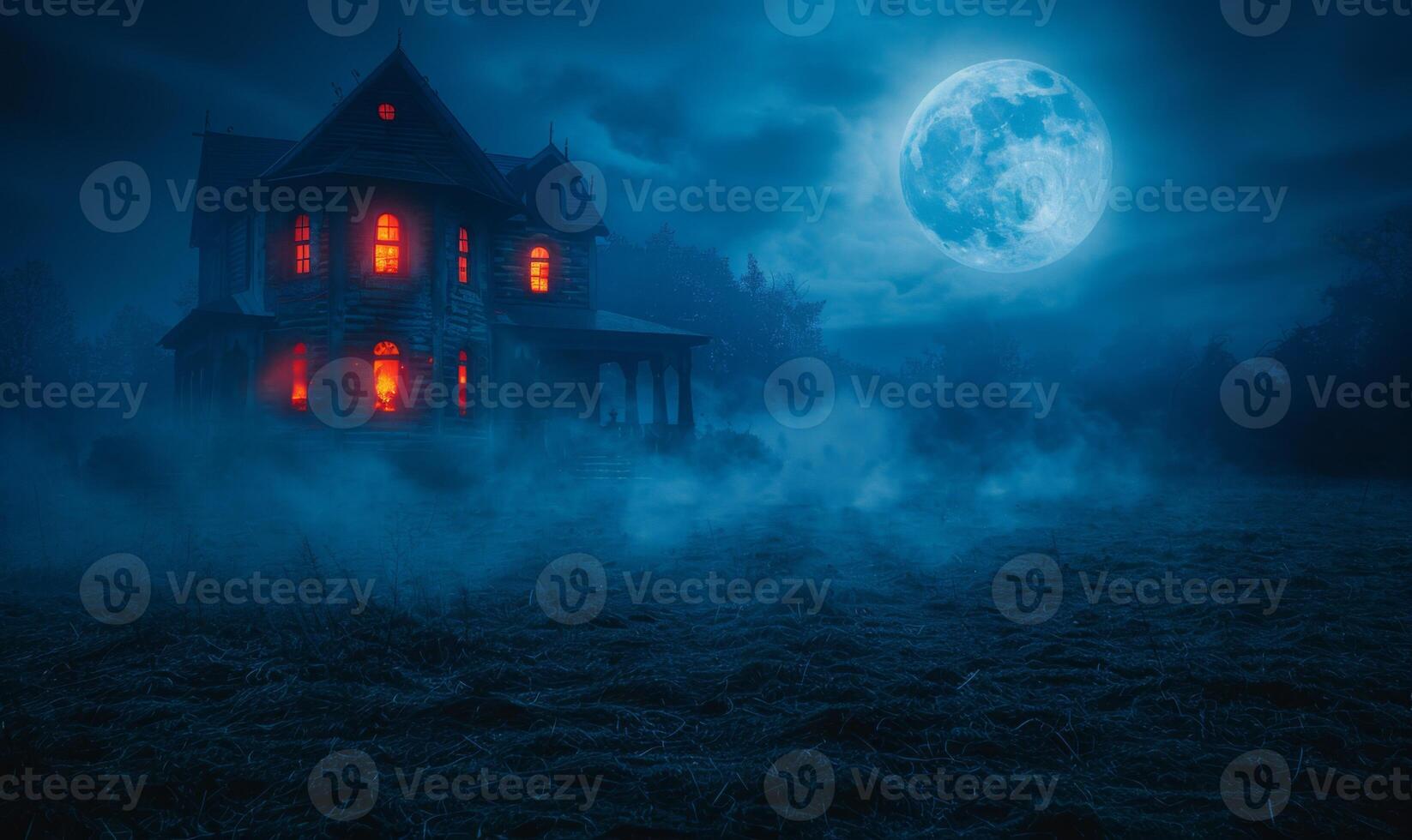 A spooky haunted house with glowing windows under a full moon, with plenty of empty space on the right for text photo