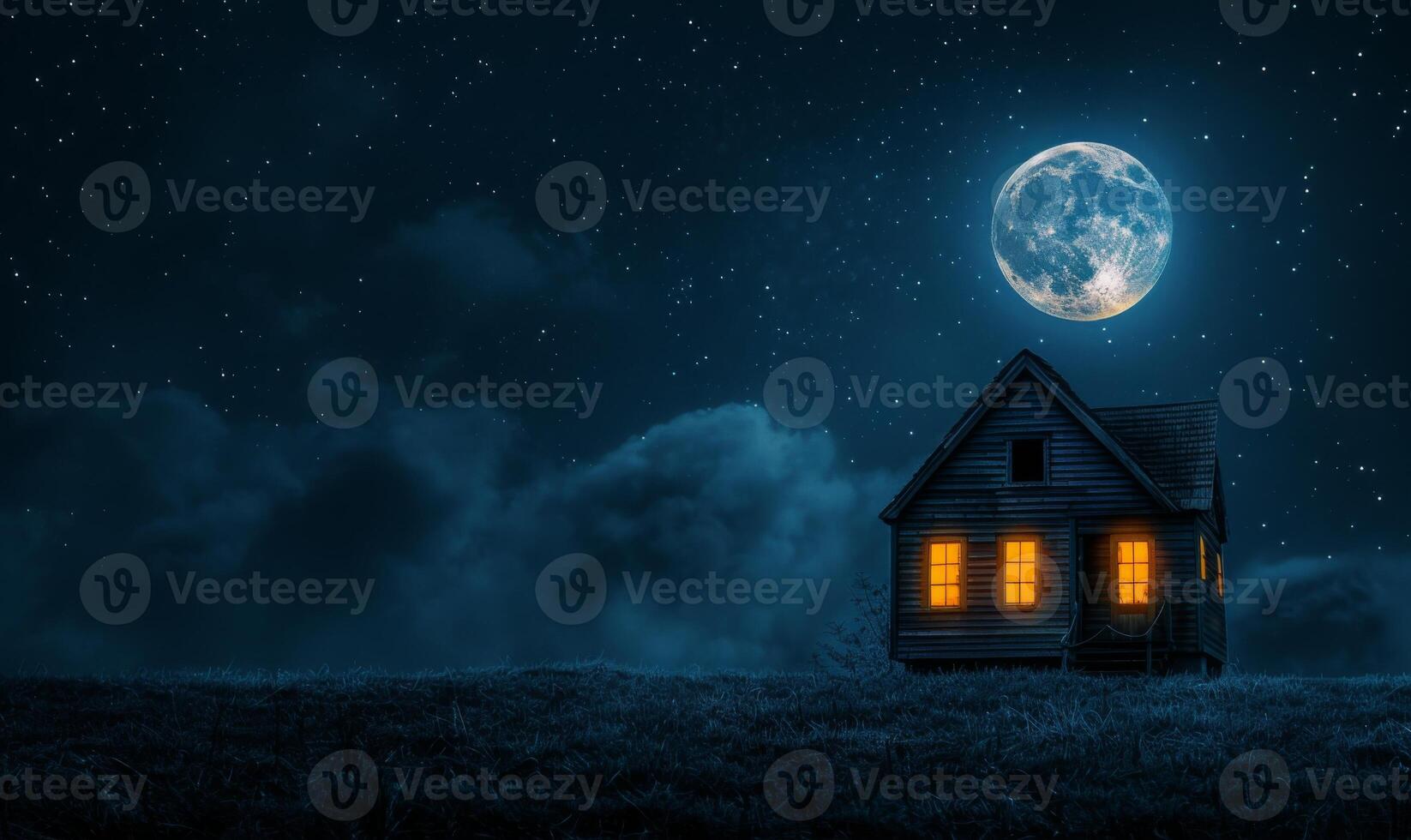 A spooky haunted house with glowing windows under a full moon, with plenty of empty space on the right for text photo