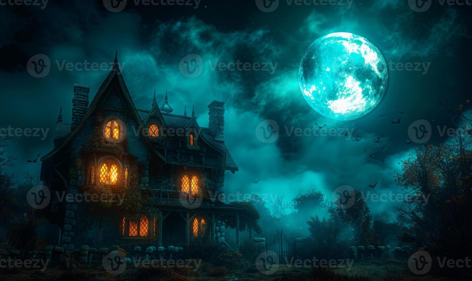 A spooky haunted house with glowing windows under a full moon, with plenty of empty space on the right for text photo