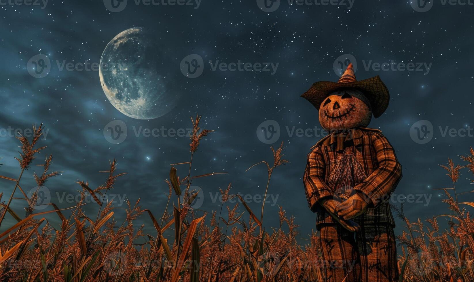 A spooky scarecrow standing in a cornfield under a crescent moon, with open space on the right for a message photo