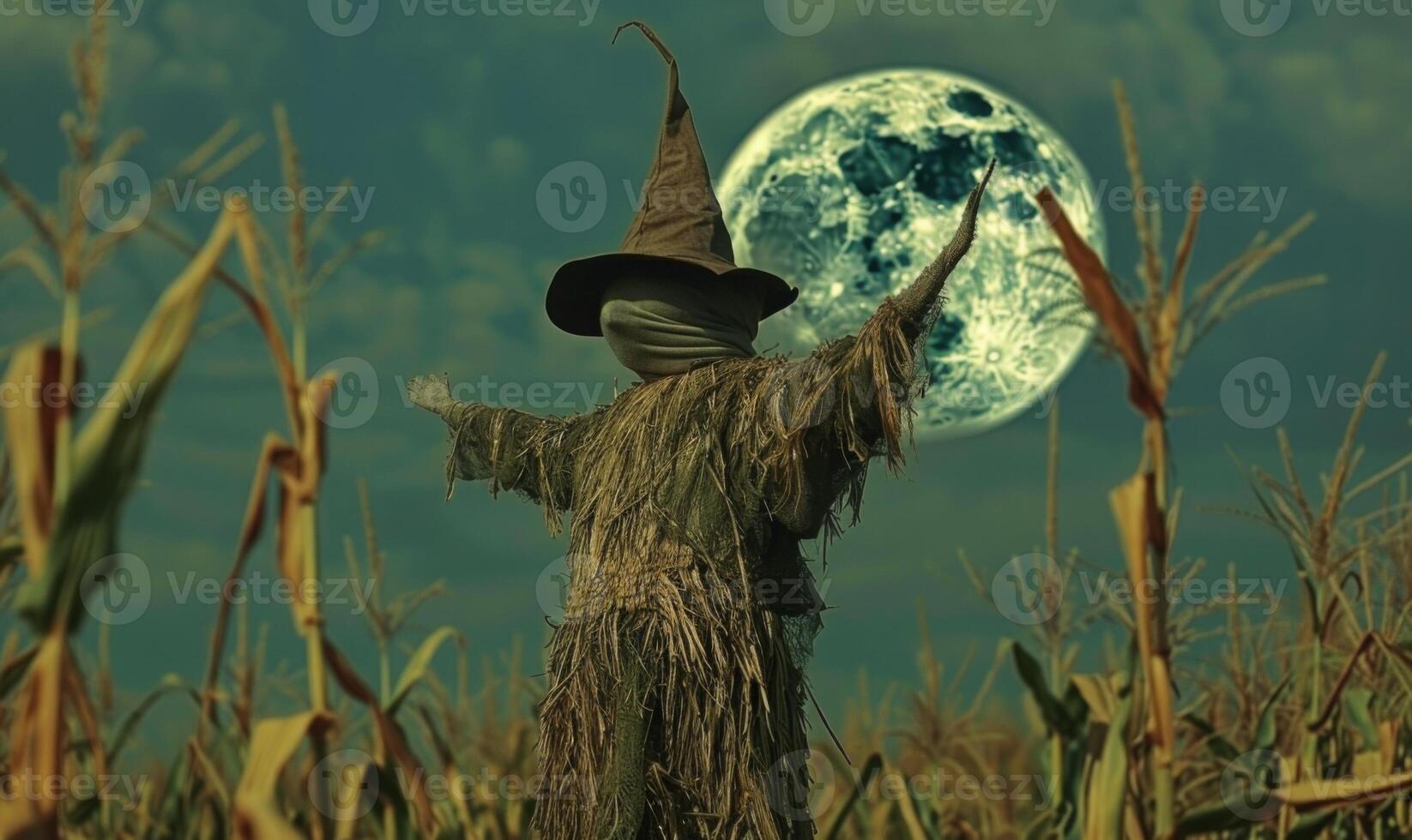 A spooky scarecrow standing in a cornfield under a crescent moon, with open space on the right for a message photo