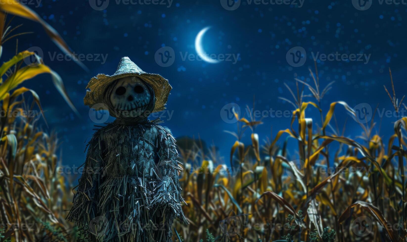 A spooky scarecrow standing in a cornfield under a crescent moon, with open space on the right for a message photo