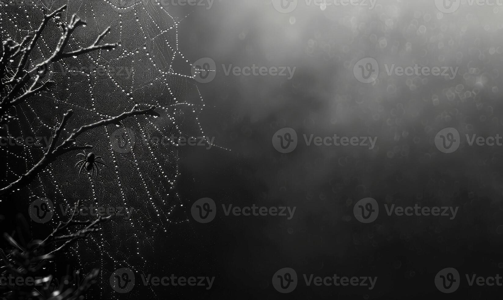 A spooky spider web glistening with dew drops, with a menacing spider in the corner, leaving space on the right for copy photo