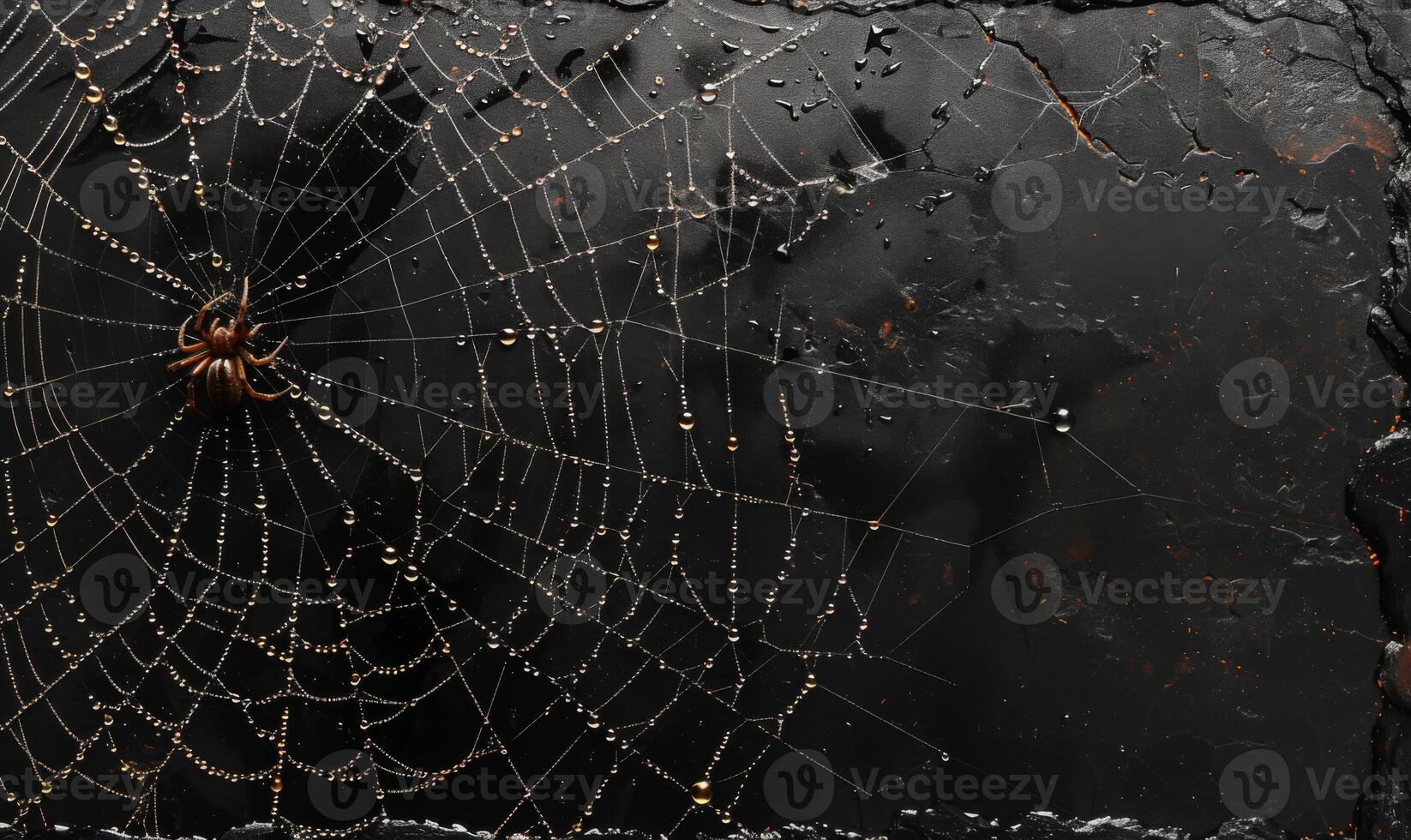 A spooky spider web glistening with dew drops, with a menacing spider in the corner, leaving space on the right for copy photo