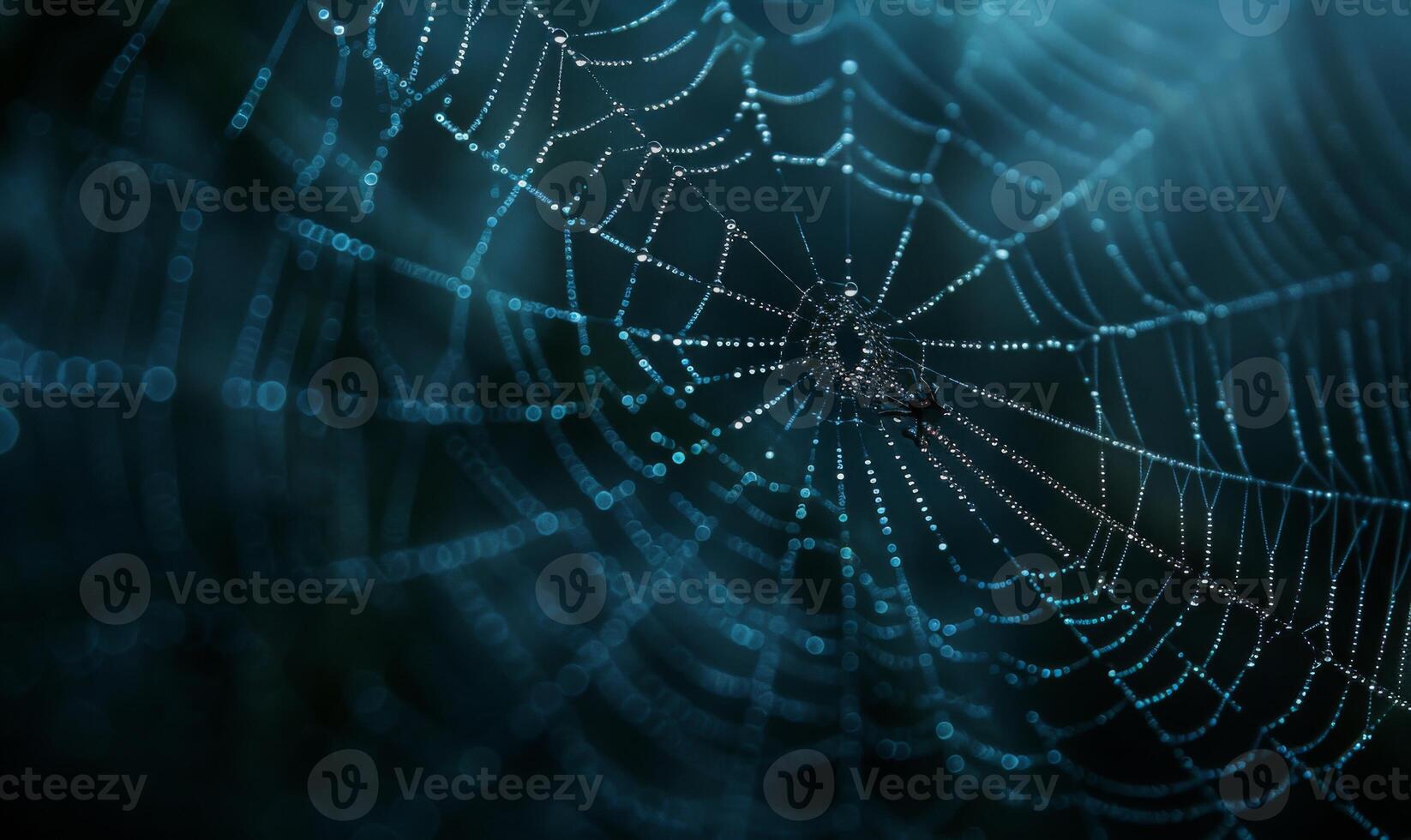 A spooky spider web glistening with dew drops, with a menacing spider in the corner, leaving space on the right for copy photo