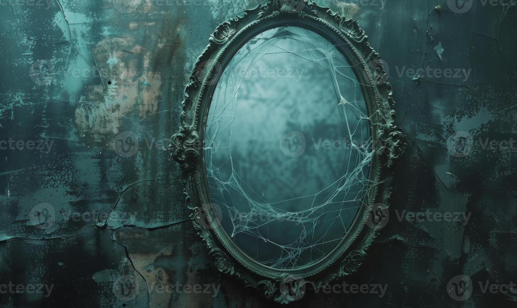 A spooky vintage mirror with ghostly reflections and cobwebs, with plenty of space on the right for copy photo