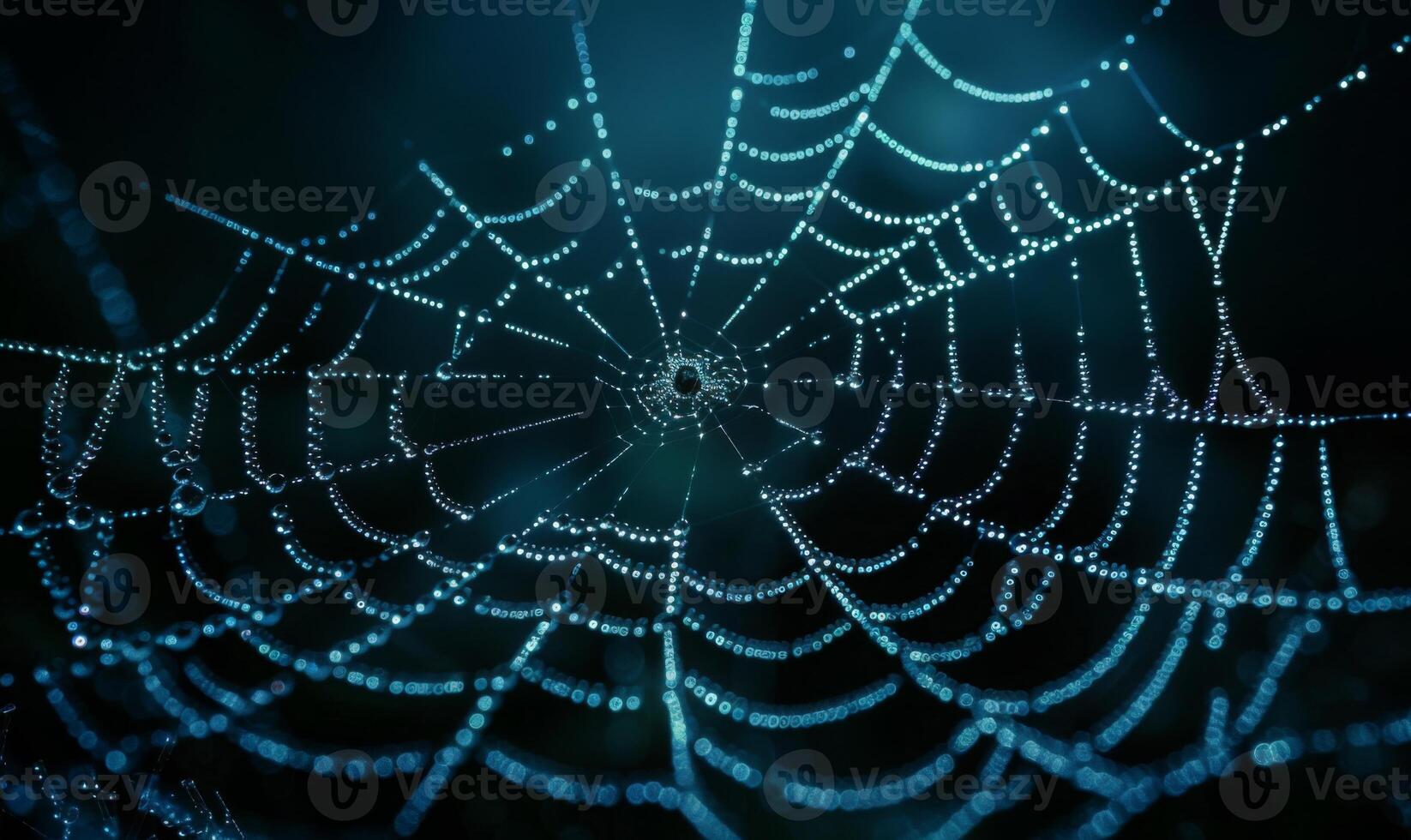 A spooky spider web glistening with dew drops, with a menacing spider in the corner, leaving space on the right for copy photo